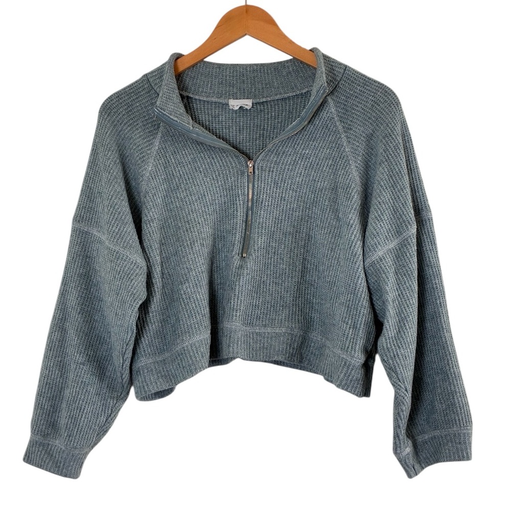 Le Lis | Mint green 1/2 zipper waffle knit boxy cropped pullover sweater